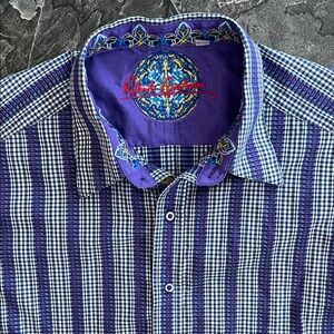 ROBERT GRAHAM Blue & Purple Abstract Striped Men's Shirt Office Maximalism